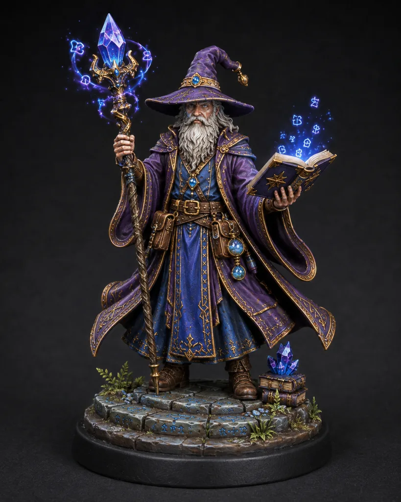 Wizard STL — DnD Fantasy Archmage Staff Spellbook Miniature 3D Print Tabletop RPG — main view