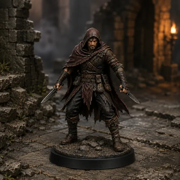 Bandit Rogue STL — DnD Fantasy Twin Daggers Cutpurse Miniature 3D Print Tabletop RPG