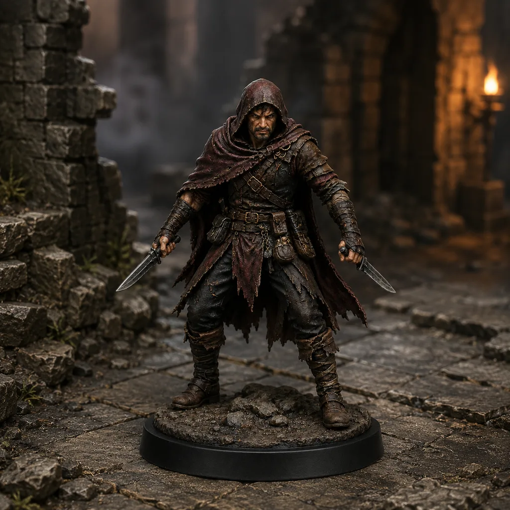 Bandit Rogue STL — DnD Fantasy Twin Daggers Cutpurse Miniature 3D Print Tabletop RPG — main view