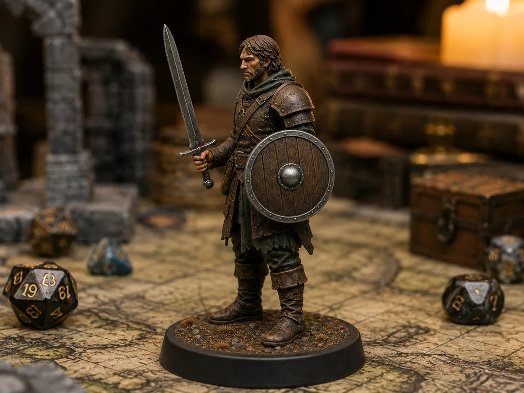 Mercenary Sword Shield STL — DnD Fantasy Sellsword Warband Frontline Miniature 3D Print Tabletop — main view