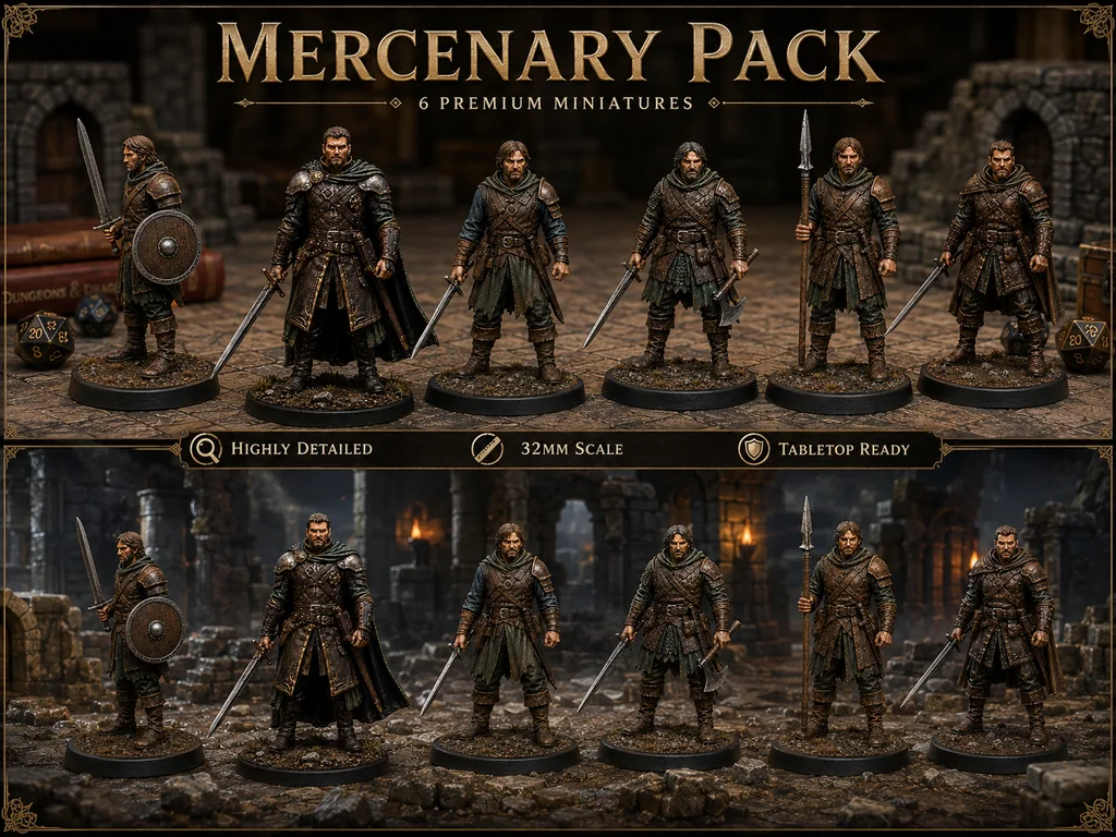 Mercenary Warband Pack 6 STL — DnD Fantasy Sellsword Company Bundle 3D Print Tabletop — main view