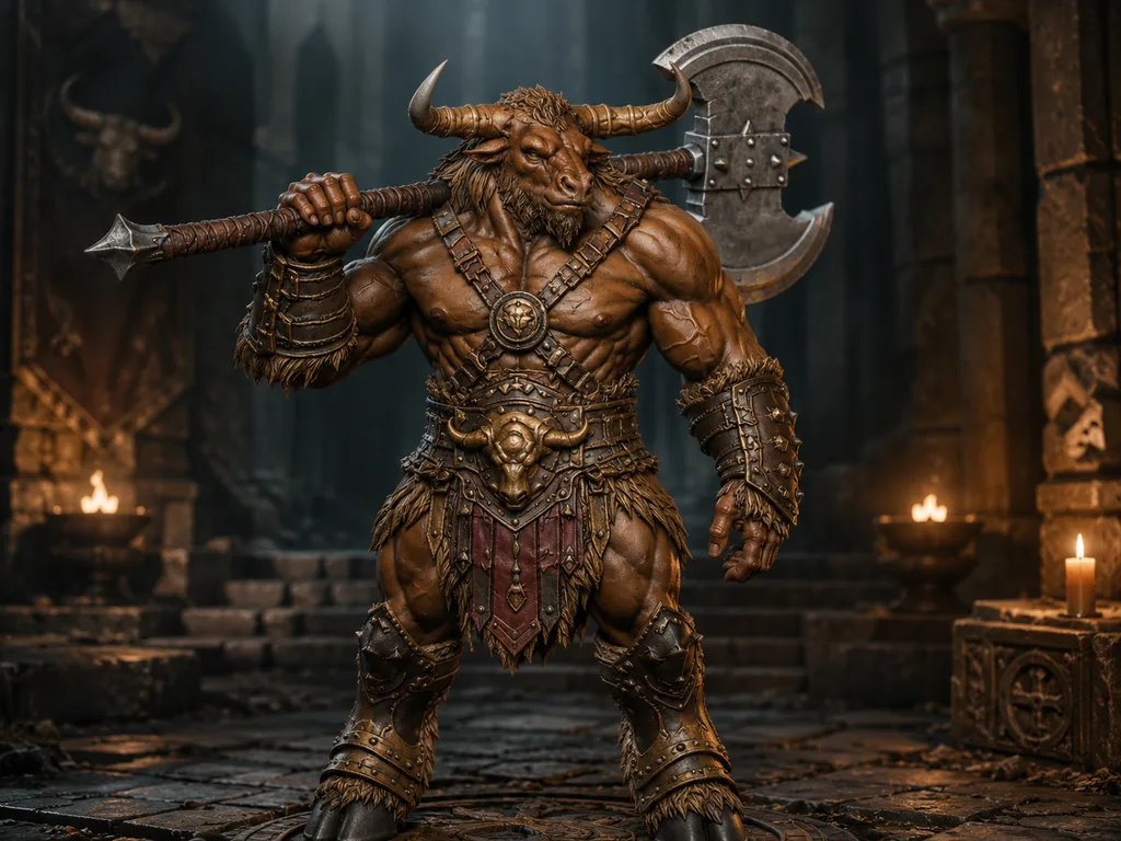 Minotaur Greataxe STL — DnD Fantasy Labyrinth Boss Miniature 3D Print Tabletop — main view