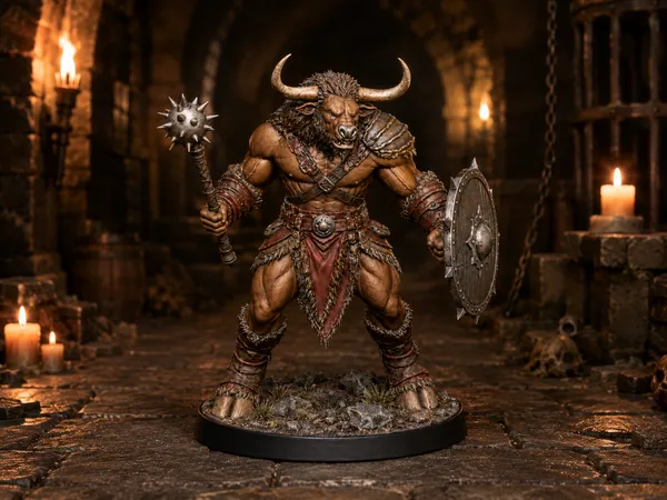 Minotaur Morning Star STL — DnD Fantasy Labyrinth Brute Miniature 3D Print Tabletop