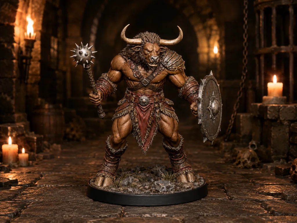 Minotaur Morning Star STL — DnD Fantasy Labyrinth Brute Miniature 3D Print Tabletop — main view