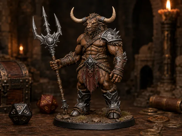 Minotaur Trident STL — DnD Fantasy Bull Gladiator Miniature 3D Print Tabletop RPG