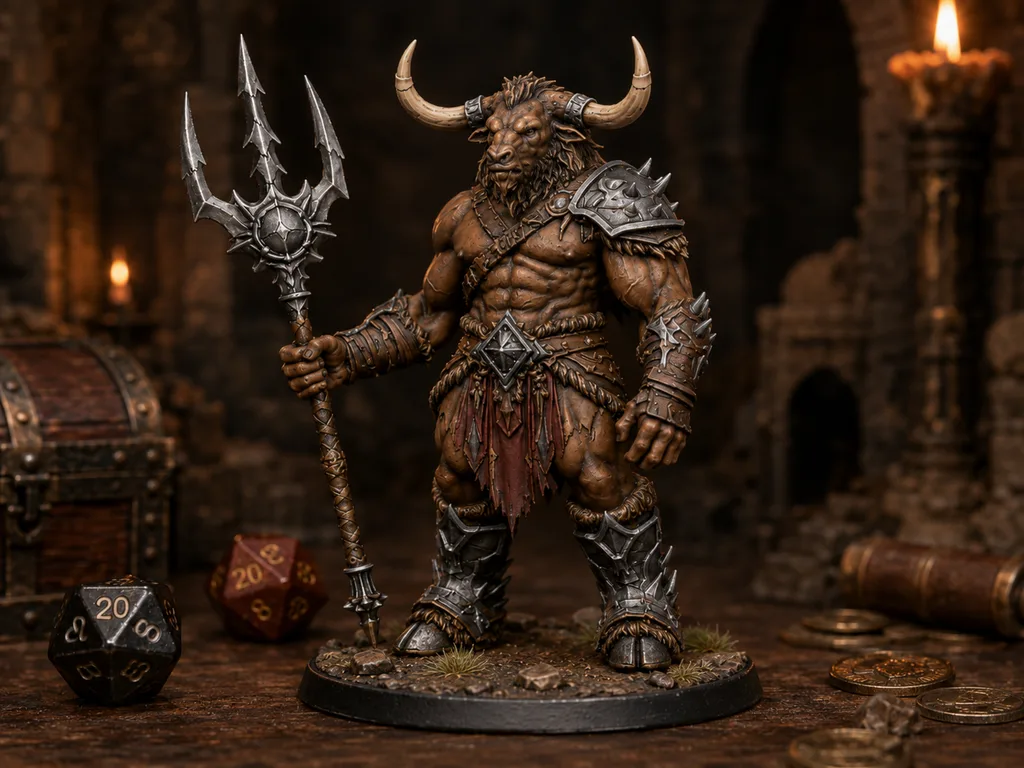 Minotaur Trident STL — DnD Fantasy Bull Gladiator Miniature 3D Print Tabletop RPG — main view