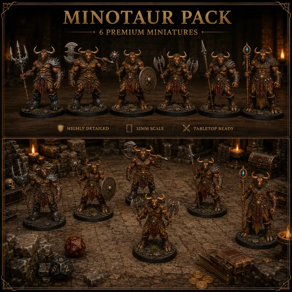 Minotaur Warband Bundle 6 STL — DnD Fantasy Labyrinth Pack Miniatures 3D Print