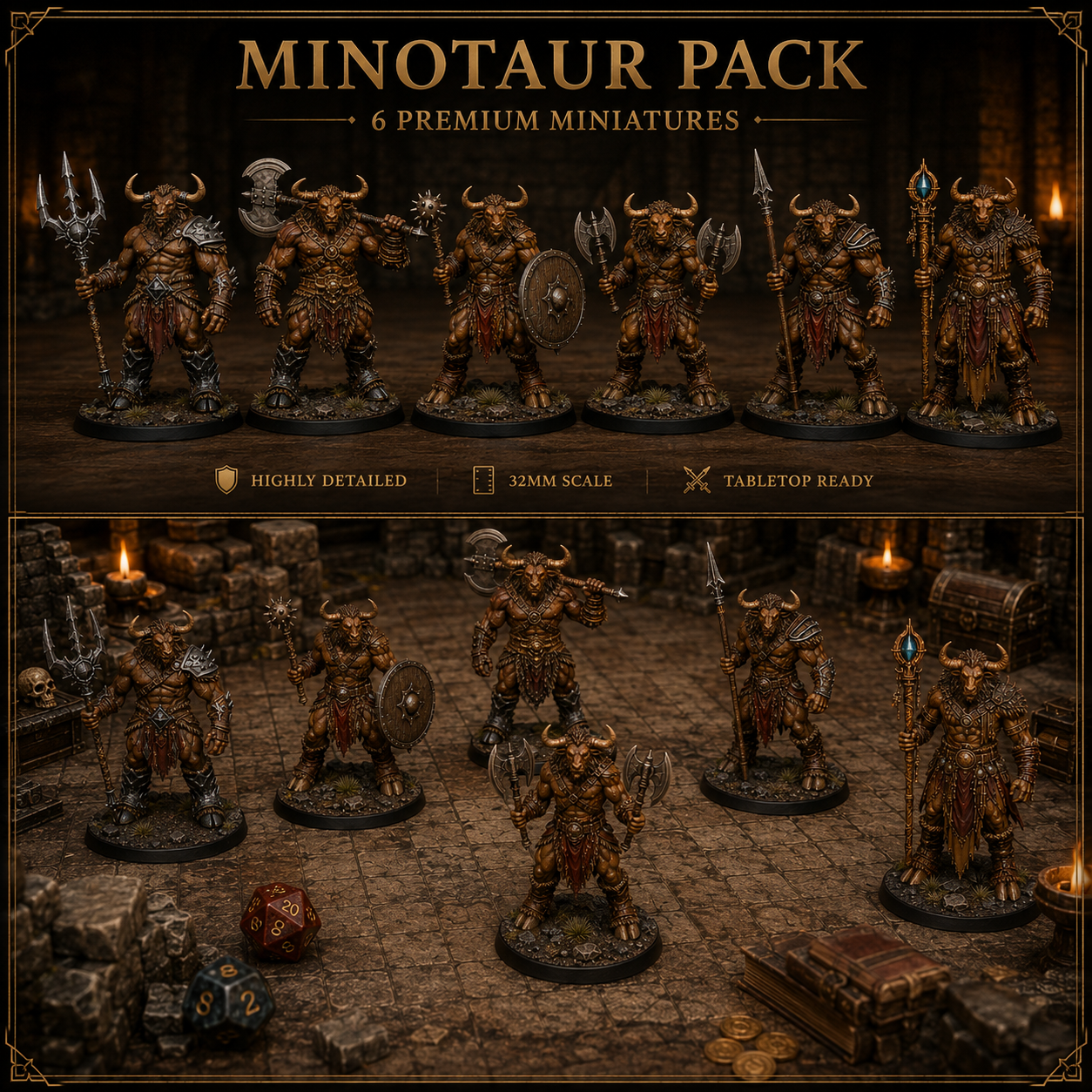 Minotaur Warband Bundle 6 STL — DnD Fantasy Labyrinth Pack Miniatures 3D Print — DnD miniature STL