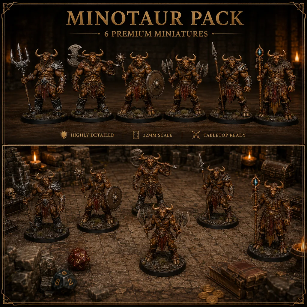 Minotaur Warband Bundle 6 STL — DnD Fantasy Labyrinth Pack Miniatures 3D Print — main view