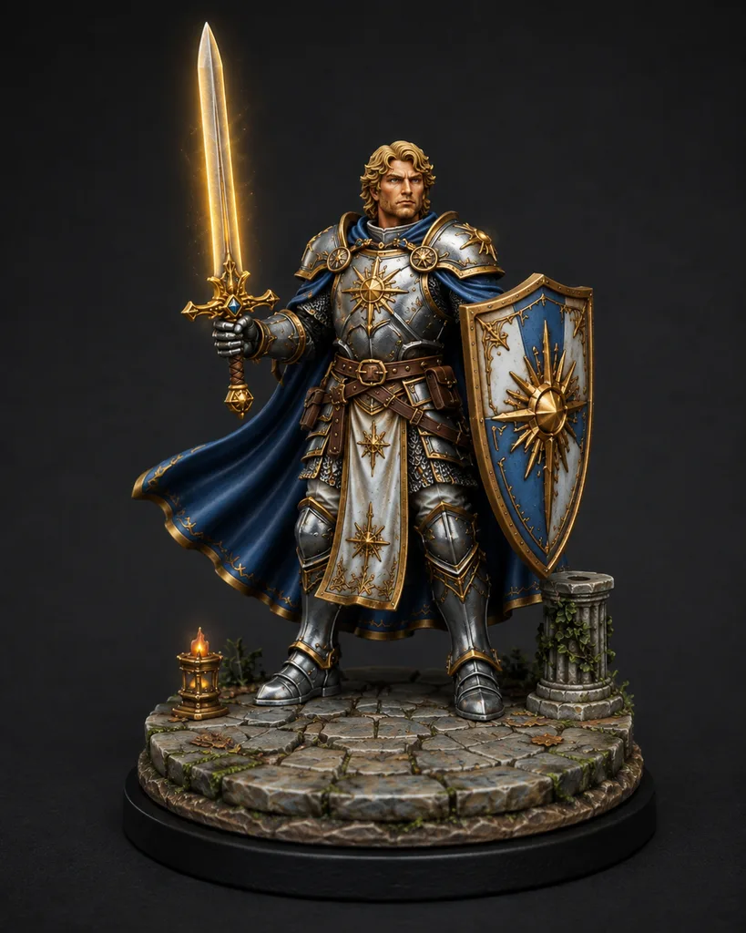 Paladin STL — DnD Fantasy Radiant Flame Sword Sun Shield Miniature 3D Print Tabletop — main view