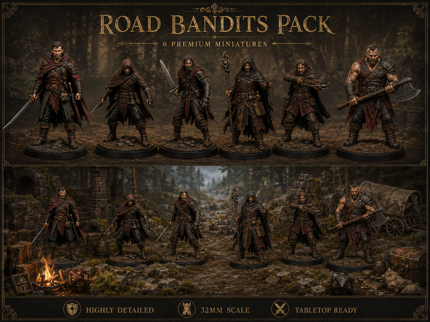 Road Bandits Pack 6 STL — DnD Fantasy Highway Robber Ambush Bundle 3D Print Tabletop — DnD miniature STL