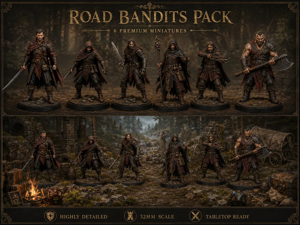 Road Bandits Pack 6 STL — DnD Fantasy Highway Robber Ambush Bundle 3D Print Tabletop — main view
