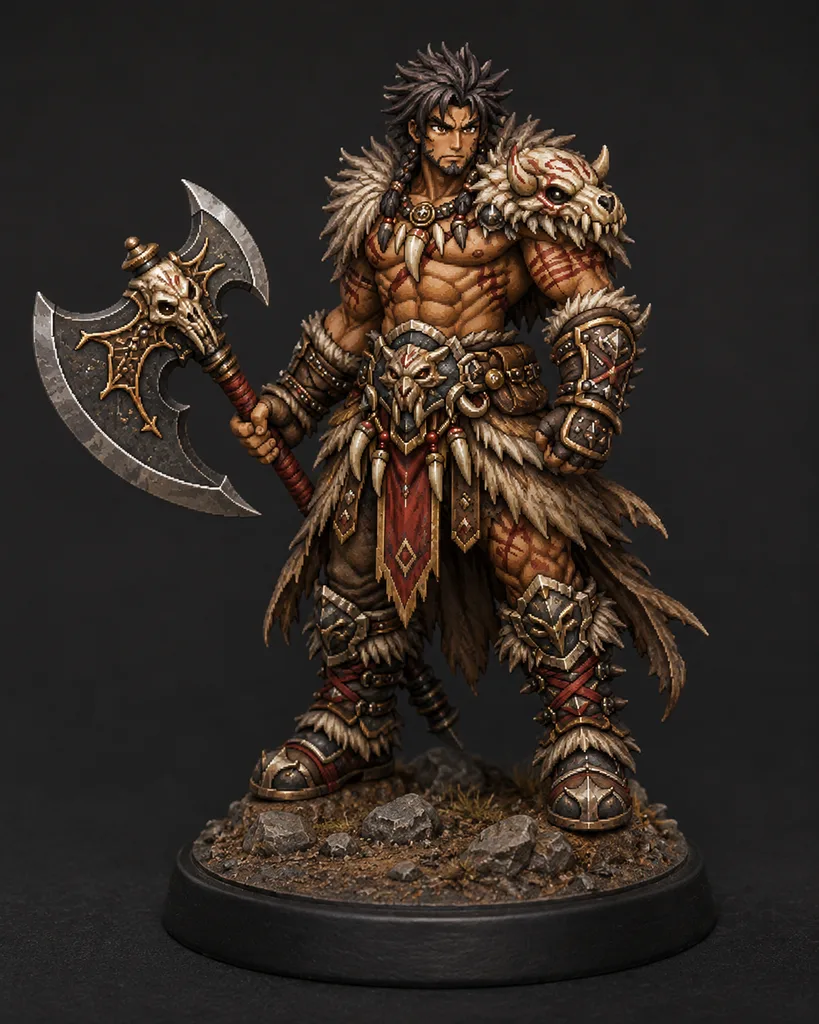 Barbarian STL — DnD Fantasy Skull Axe Tribal Warlord Boss Miniature 3D Print Tabletop — main view